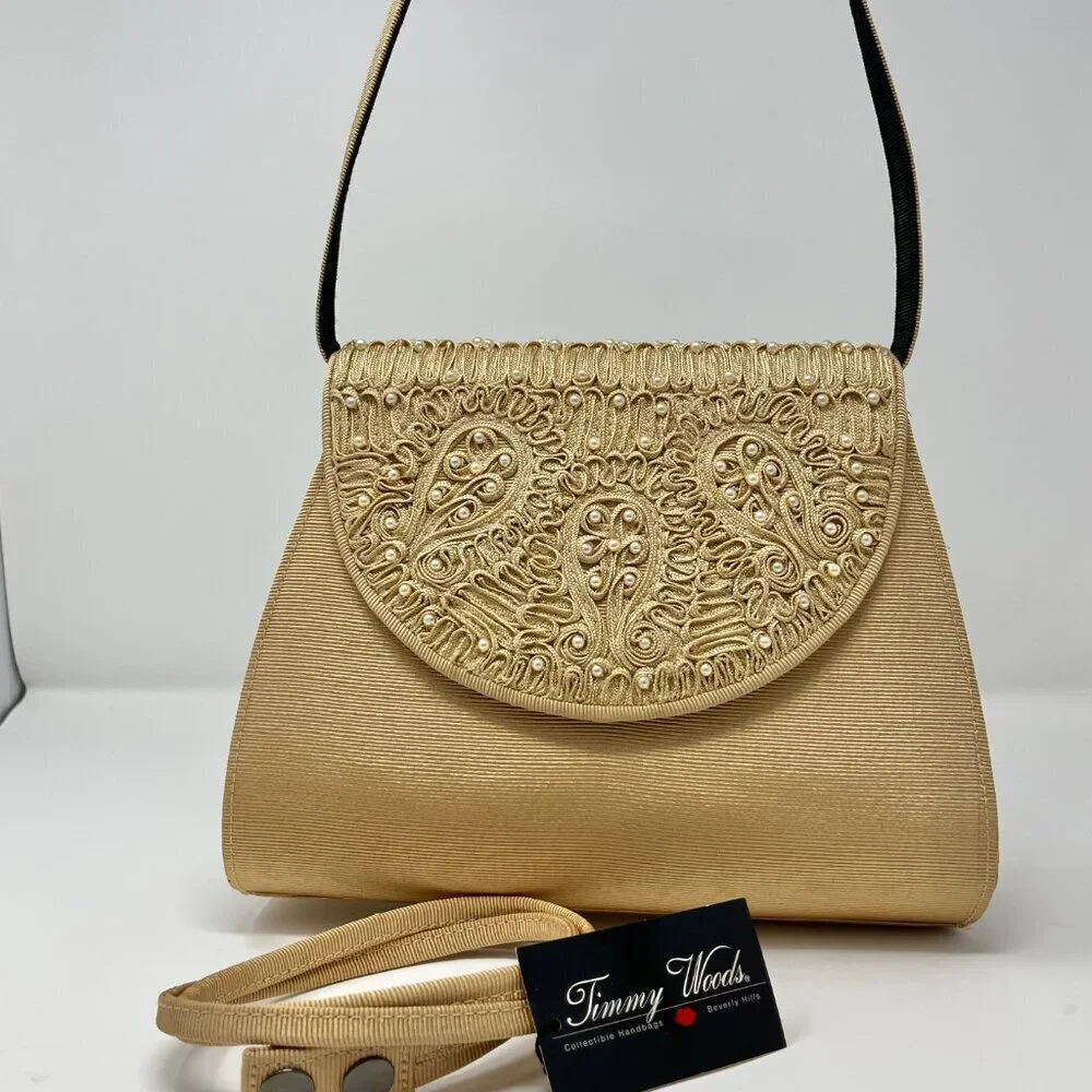 Timmy Woods Beverly Hills Purse Gold Textured w/High Relief Pearl Embroidery